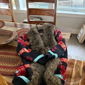 Faux Fur-Trimmed western  Knit Sweater /jacket Black & Red